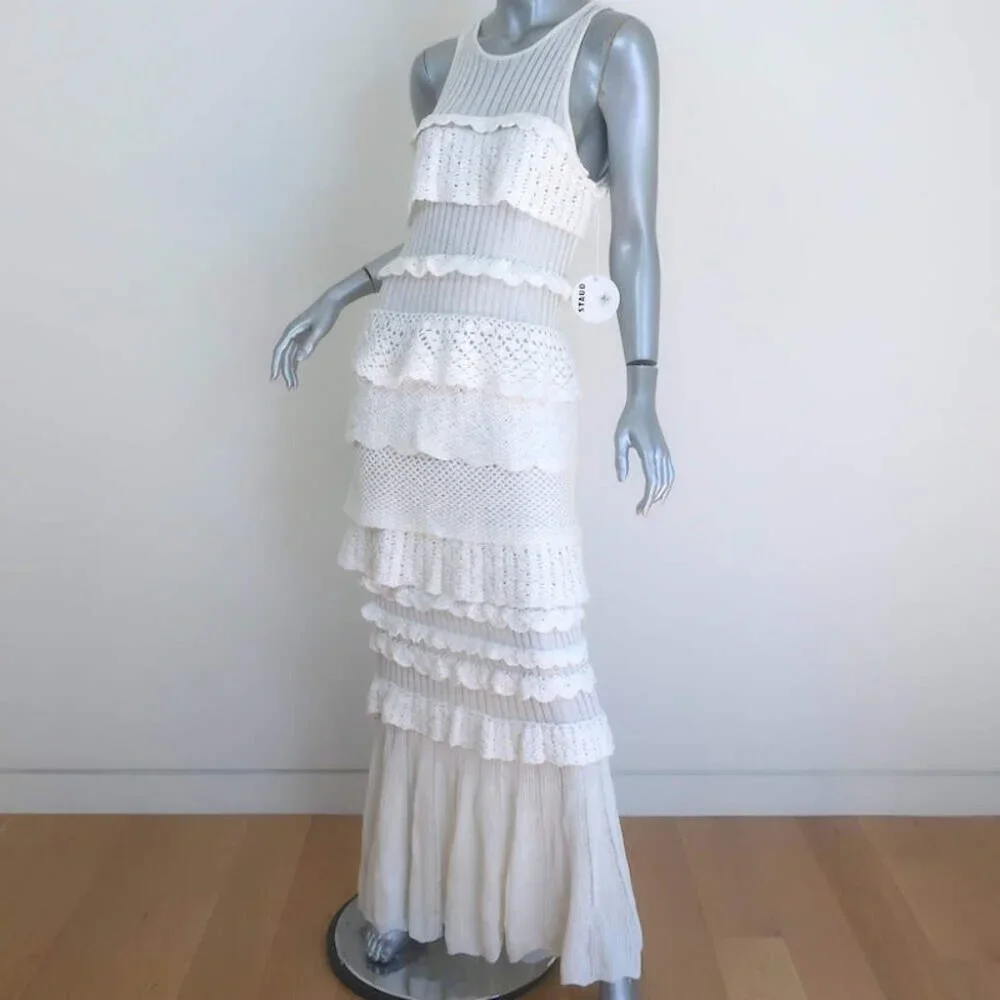 STAUD Sorrento Ruffled Crocheted Maxi Dress White Cotton-Blend Size Medium NEW - Picture 3 of 7